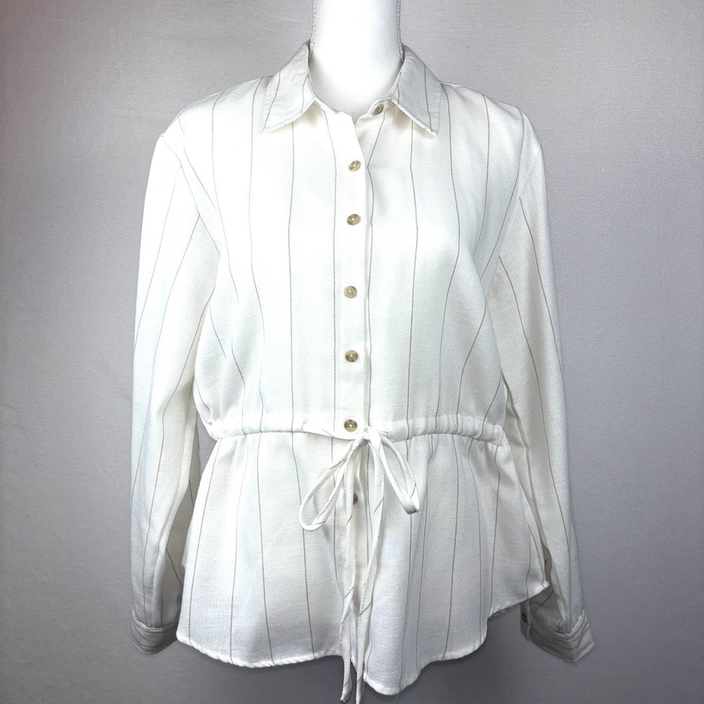 White Tan Stripe Blouse Top Button LS Collar Tie Waist Peplum Dizzy Lizzy XL